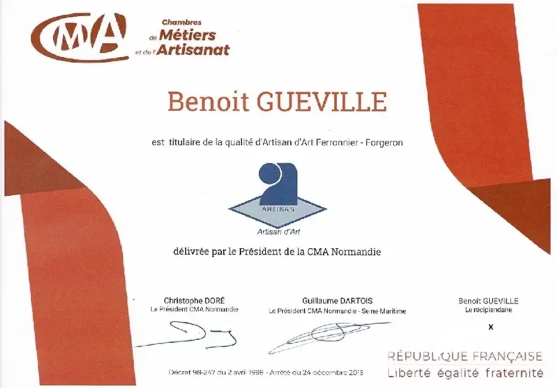 Entreprise de métallerie ferronnerie Guéville Benoît pour particuliers et industriels entre Dieppe et Rouen 76 en Seine-Maritime